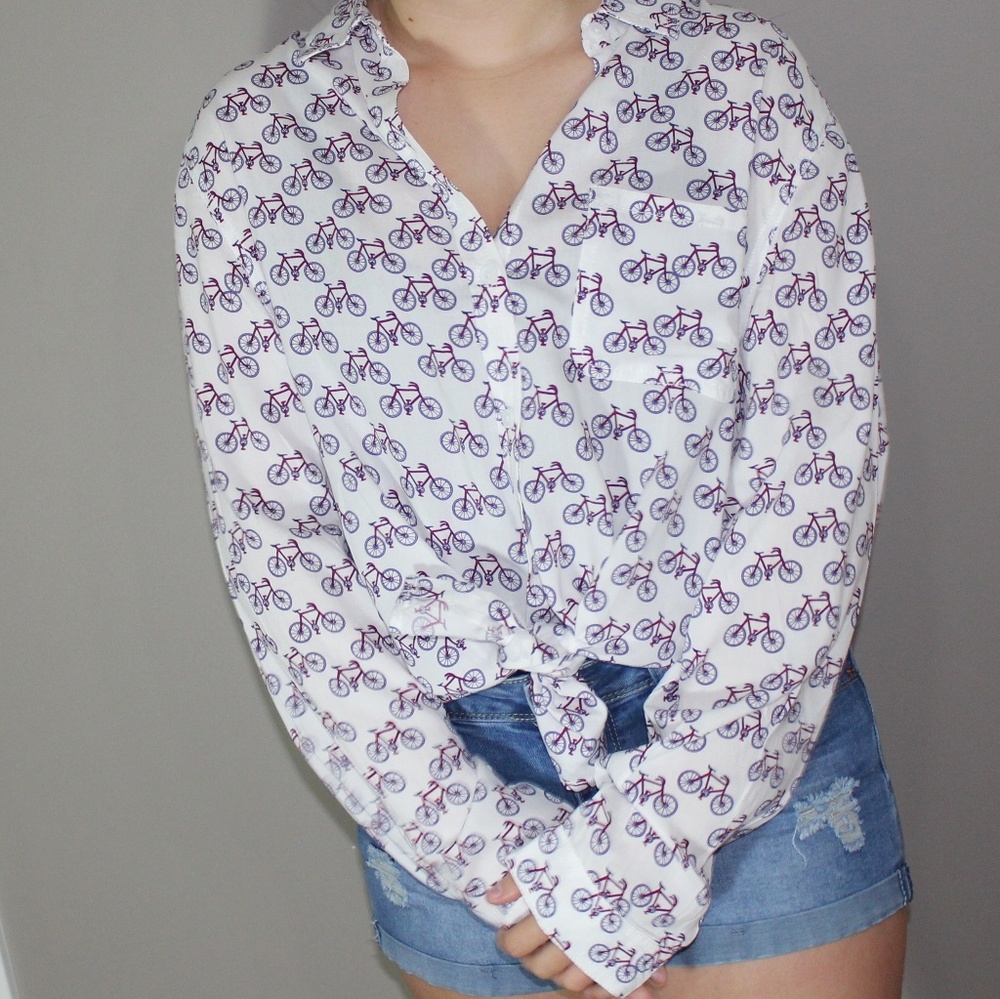 White Long Sleeve Button up with Red Bikes